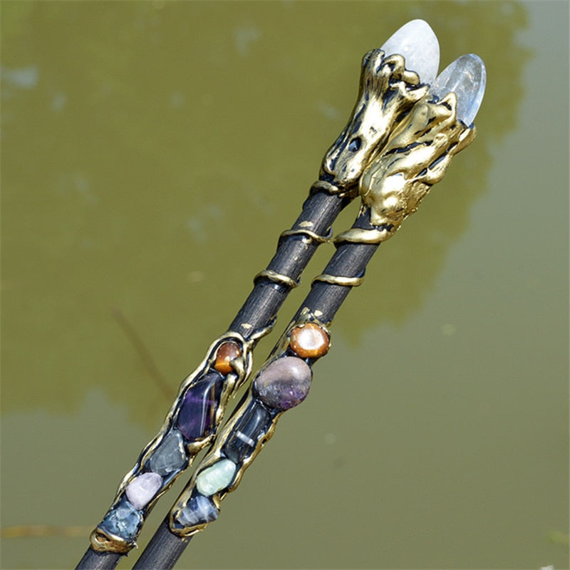 Retro Double-headed Crystal Magic Wand Wood Stick Wicca Altar